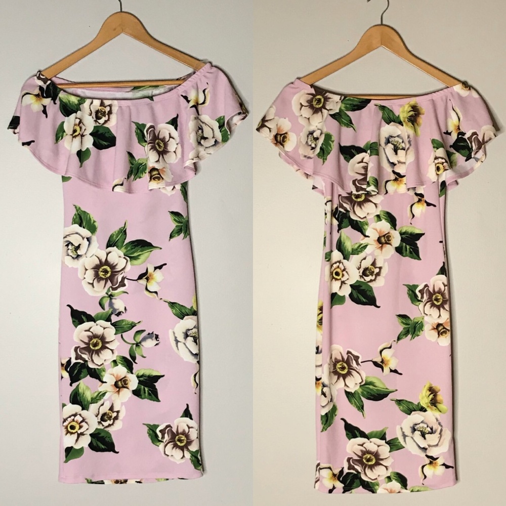 Pink & Floral Bardot Off Shoulder Dress